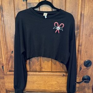 Black Cropped Long Sleeve Top with Candy Cane Patch